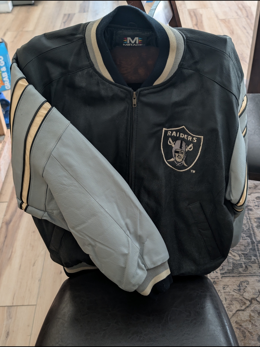 Mirage Team NFL Oakland Raiders Black & Gray Leather Varsity Jacket